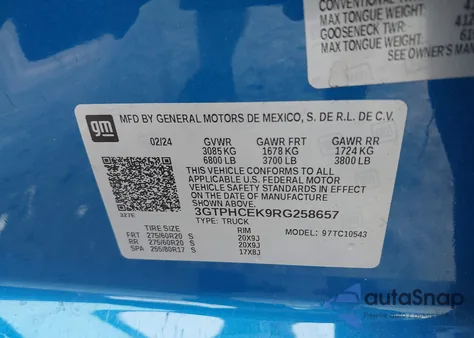 2024 GMC Sierra 1500 2Wd Short Box Elevation из США, поврежденный, VIN 3GTPHCEK9RG258657